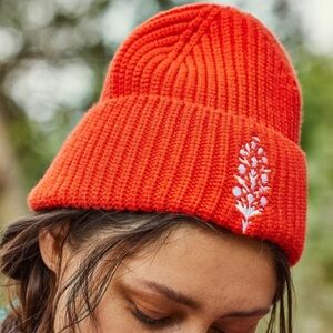 Brand New Free People Bright Orange Knit Beanie with Embroidered Detail